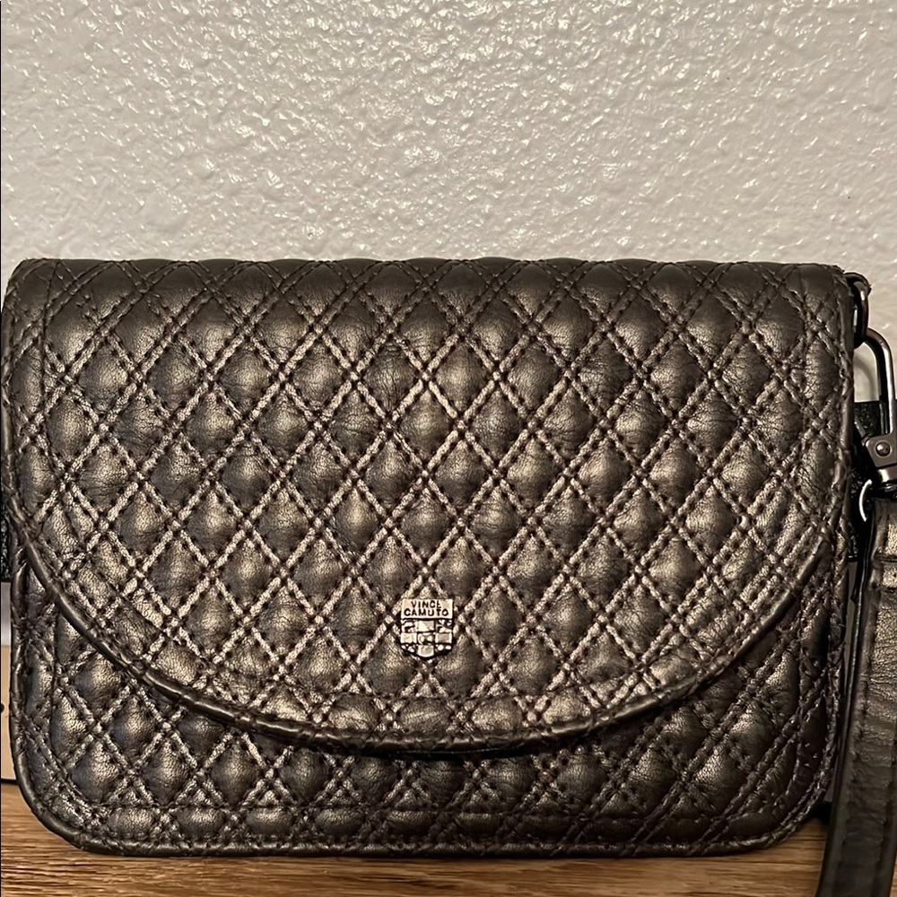 Vince Camuto Dark Gray/black leather Quilted wristlet or belt bag